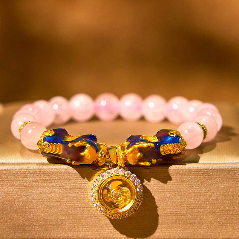 Buddha Stones, rosa Kristall, Farbwechsel, Doppel-PiXiu-Zyklon-Charme, Wärme-Armband