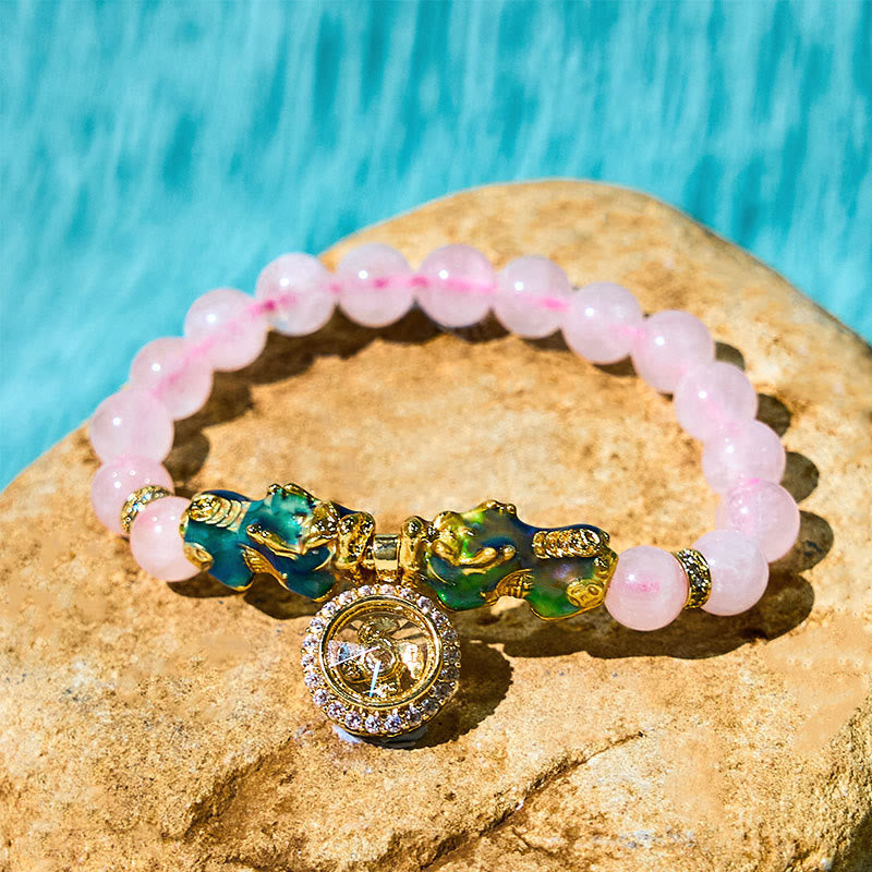 Buddha Stones, rosa Kristall, Farbwechsel, Doppel-PiXiu-Zyklon-Charme, Wärme-Armband