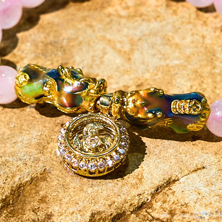 Buddha Stones, rosa Kristall, Farbwechsel, Doppel-PiXiu-Zyklon-Charme, Wärme-Armband