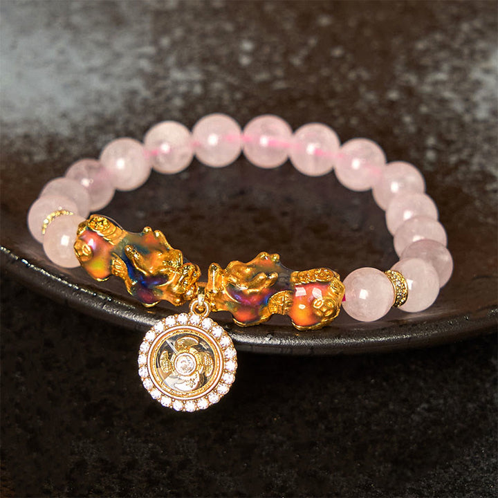 Buddha Stones, rosa Kristall, Farbwechsel, Doppel-PiXiu-Zyklon-Charme, Wärme-Armband