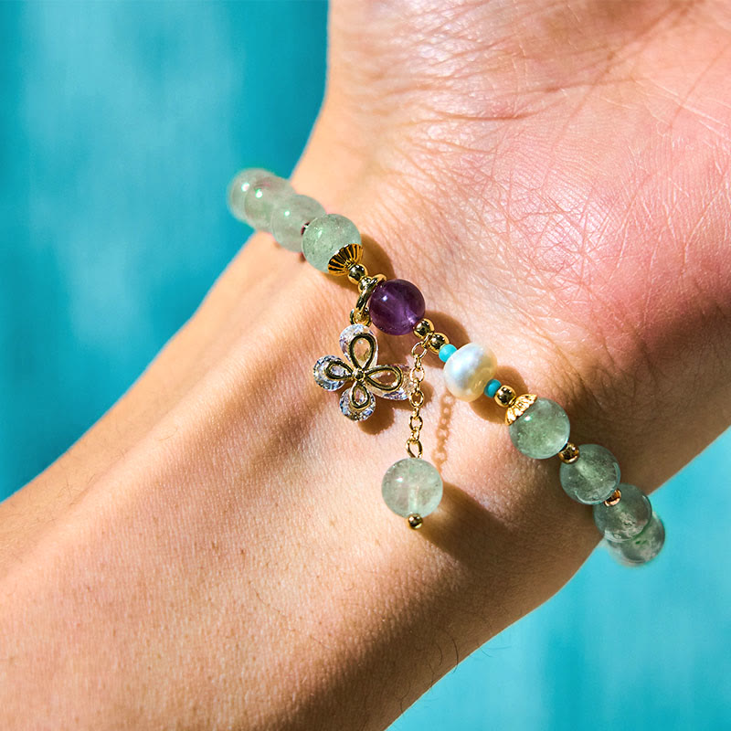 Buddha Stones Natürlicher Erdbeerquarz Grüner Erdbeerquarz Schmetterling Charm Liebesarmband