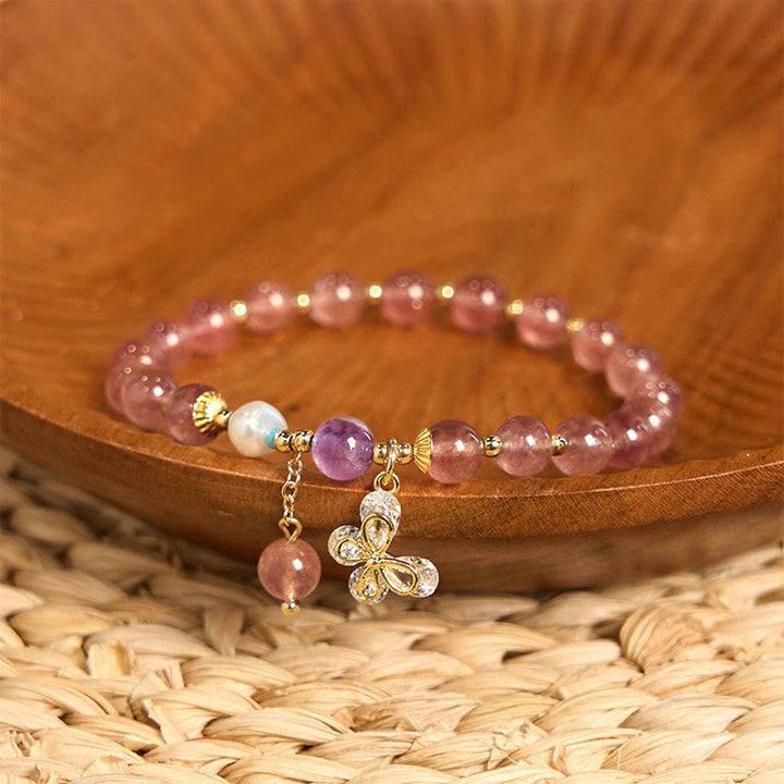 Buddha Stones Natürlicher Erdbeerquarz Grüner Erdbeerquarz Schmetterling Charm Liebesarmband