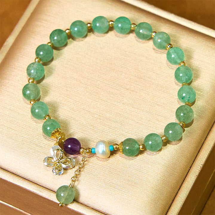 Buddha Stones Natürlicher Erdbeerquarz Grüner Erdbeerquarz Schmetterling Charm Liebesarmband