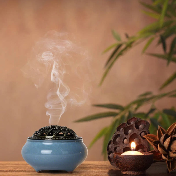 Buntes Räuchergefäß aus Keramik mit Buddha Stonesn