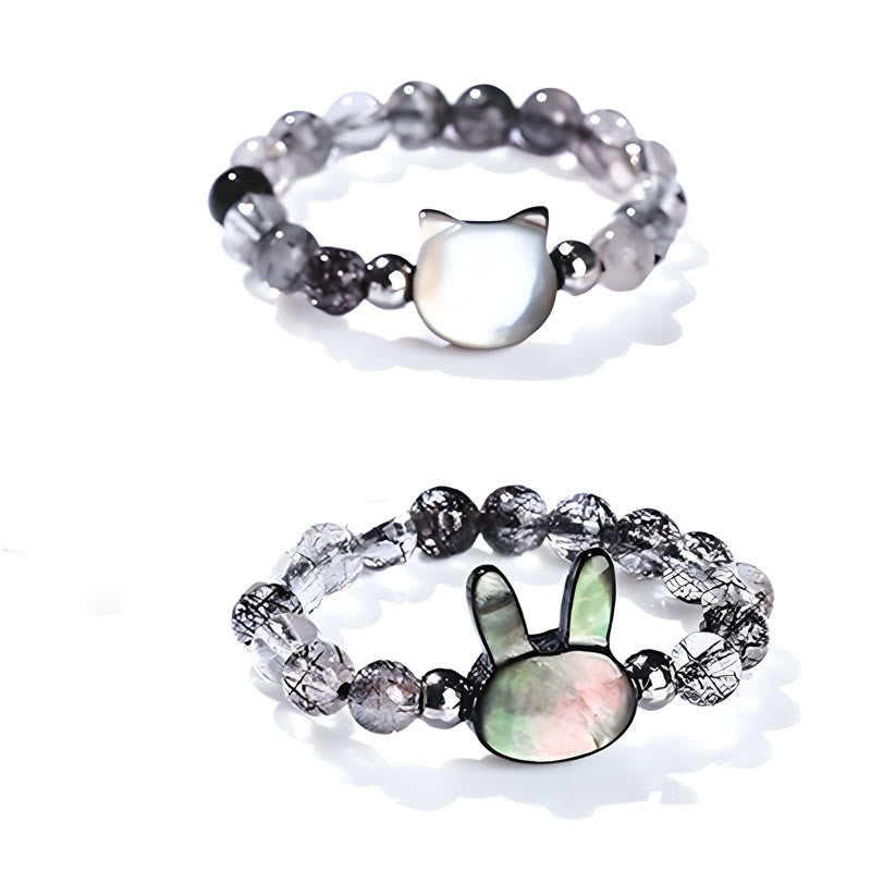 Buddha Stones 3 mm schwarzer Rutilquarz Tridacna-Stein Kaninchen-Katzen-Ring - image 15