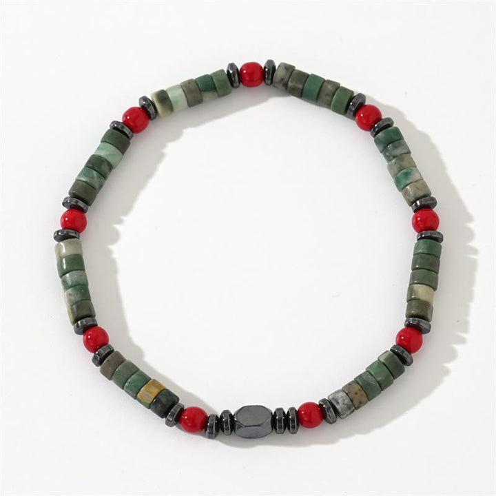 Buddha Stones Armband aus natürlichem grünem Stein, Hämatit, rote Koralle, kraftvoll