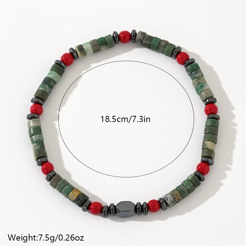 Buddha Stones Armband aus natürlichem grünem Stein, Hämatit, rote Koralle, kraftvoll
