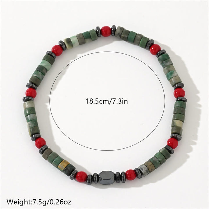 Buddha Stones Armband aus natürlichem grünem Stein, Hämatit, rote Koralle, kraftvoll