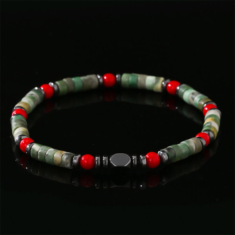 Buddha Stones Armband aus natürlichem grünem Stein, Hämatit, rote Koralle, kraftvoll
