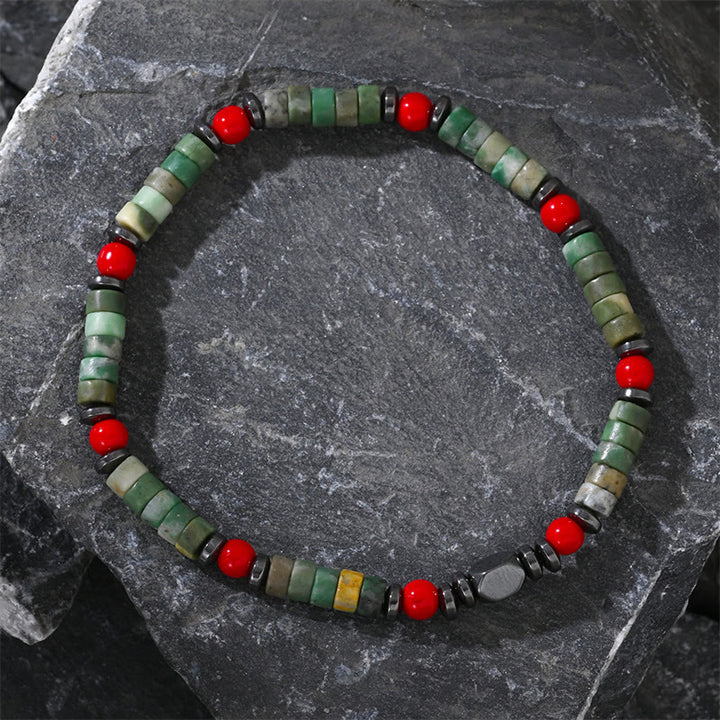 Buddha Stones Armband aus natürlichem grünem Stein, Hämatit, rote Koralle, kraftvoll
