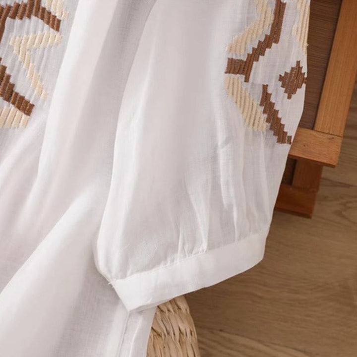 Buddha Stones Lässiges, symmetrisches Stickerei-T-Shirt für Damen mit Rundhalsausschnitt und halblangen Ärmeln aus Spandex
