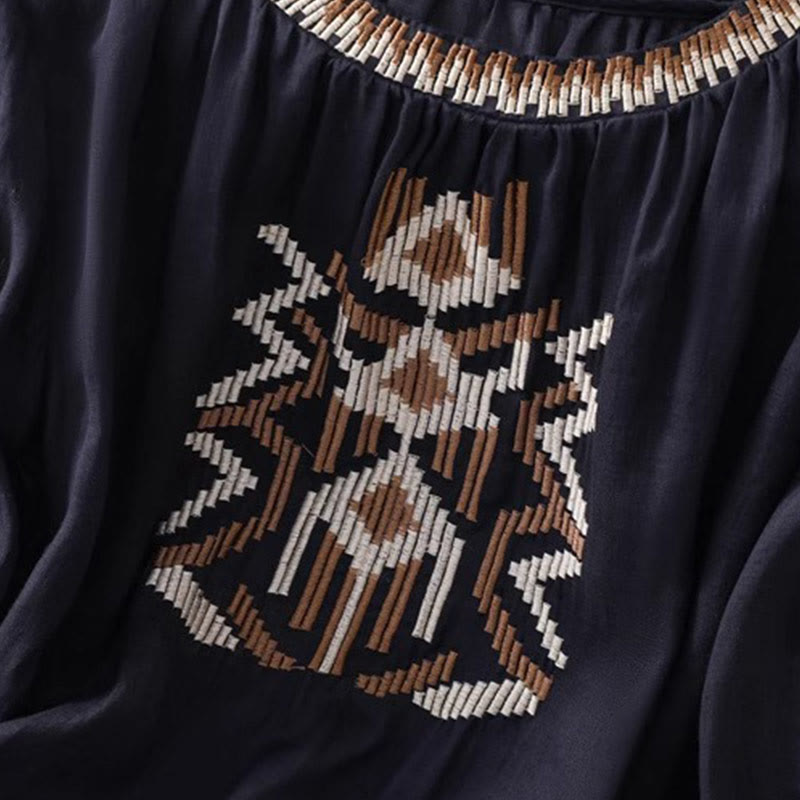 Buddha Stones Lässiges, symmetrisches Stickerei-T-Shirt für Damen mit Rundhalsausschnitt und halblangen Ärmeln aus Spandex