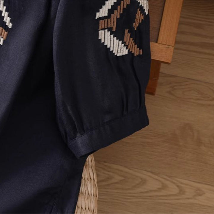 Buddha Stones Lässiges, symmetrisches Stickerei-T-Shirt für Damen mit Rundhalsausschnitt und halblangen Ärmeln aus Spandex
