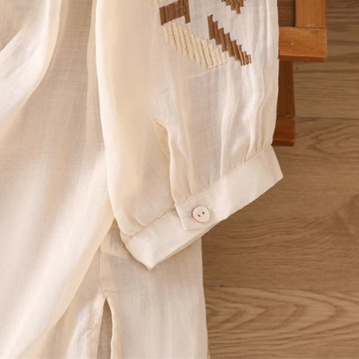 Buddha Stones Lässiges, symmetrisches Stickerei-T-Shirt für Damen mit Rundhalsausschnitt und halblangen Ärmeln aus Spandex
