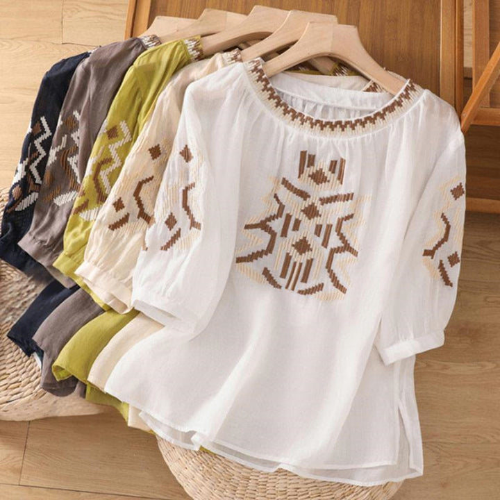 Buddha Stones Lässiges, symmetrisches Stickerei-T-Shirt für Damen mit Rundhalsausschnitt und halblangen Ärmeln aus Spandex