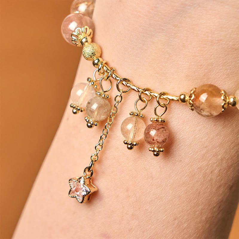 Buddha Stones Armband mit natürlichem, gelbem Rutilquarz, vierblättrigem Kleeblatt und Stern, Glücksbringer