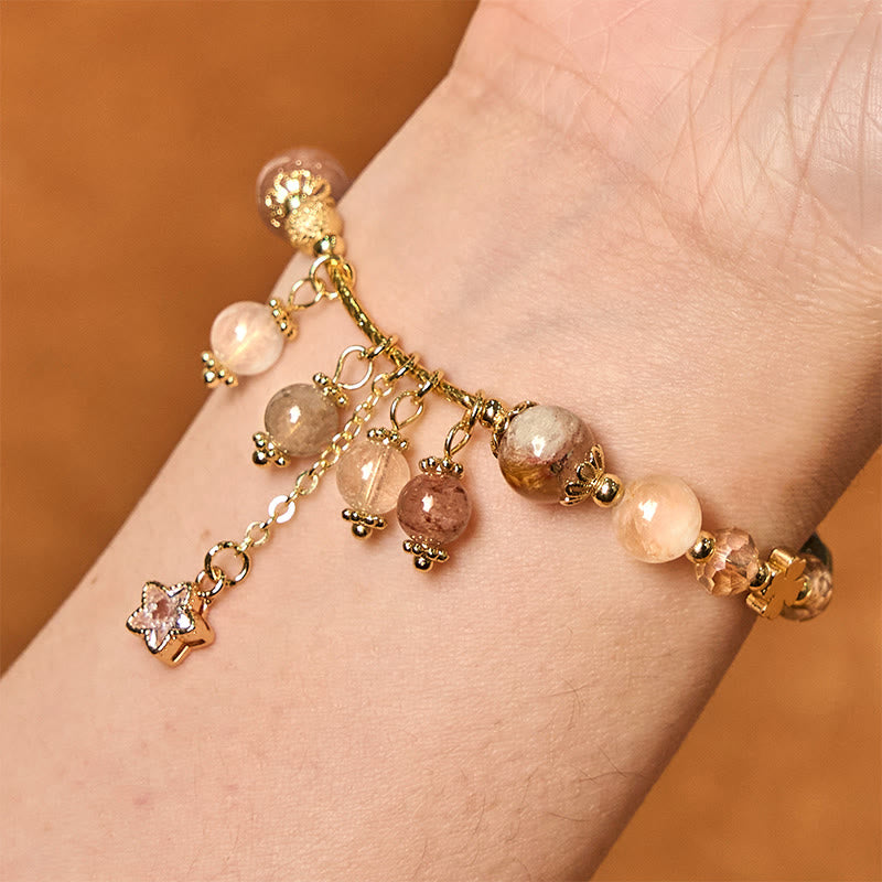 Buddha Stones Armband mit natürlichem, gelbem Rutilquarz, vierblättrigem Kleeblatt und Stern, Glücksbringer