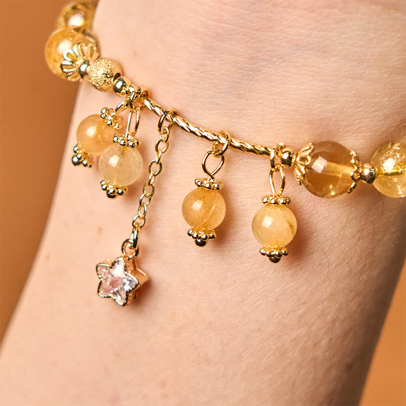 Buddha Stones Armband mit natürlichem, gelbem Rutilquarz, vierblättrigem Kleeblatt und Stern, Glücksbringer