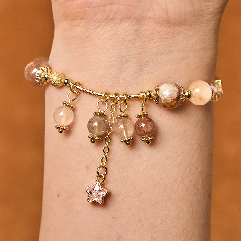 Buddha Stones Armband mit natürlichem, gelbem Rutilquarz, vierblättrigem Kleeblatt und Stern, Glücksbringer