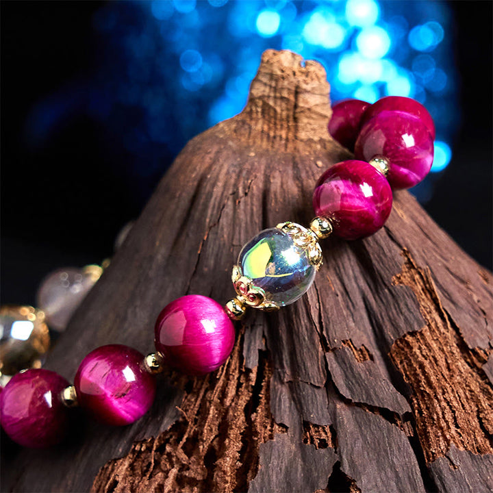 Buddha Stones Natürliches rotes Tigerauge, violette Tigerauge-Perlen, grünes Blatt, Schutzarmband