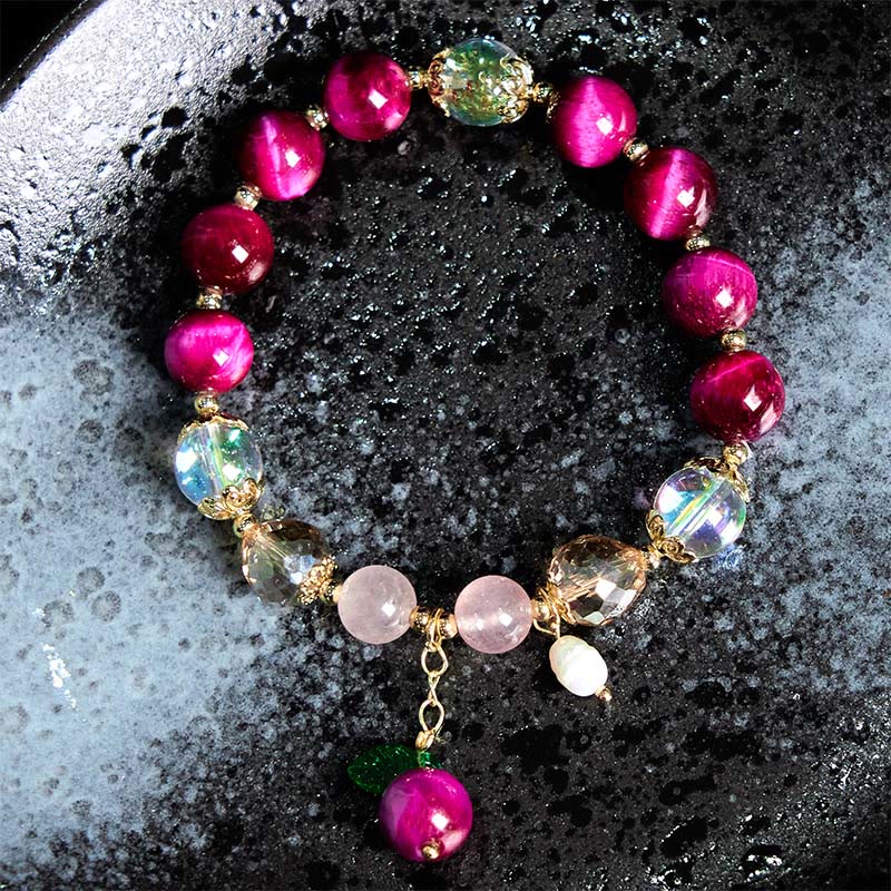 Buddha Stones Natürliches rotes Tigerauge, violette Tigerauge-Perlen, grünes Blatt, Schutzarmband