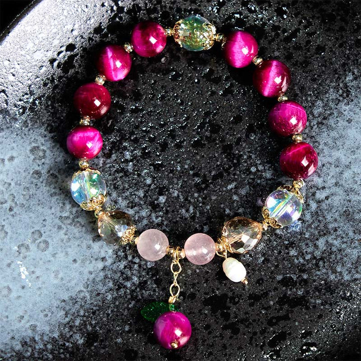 Buddha Stones Natürliches rotes Tigerauge, violette Tigerauge-Perlen, grünes Blatt, Schutzarmband