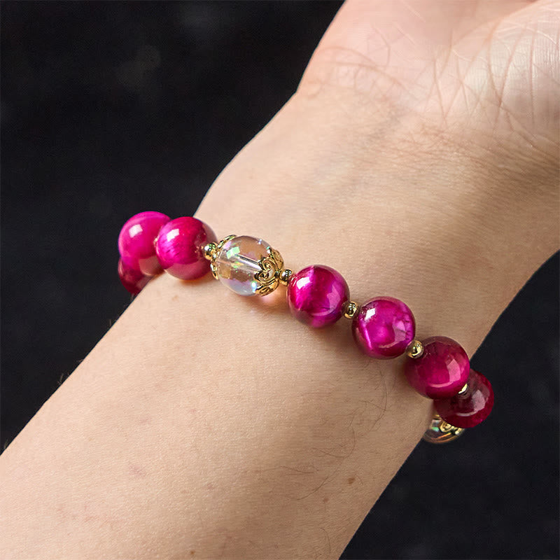 Buddha Stones Natürliches rotes Tigerauge, violette Tigerauge-Perlen, grünes Blatt, Schutzarmband