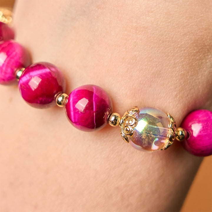 Buddha Stones Natürliches rotes Tigerauge, violette Tigerauge-Perlen, grünes Blatt, Schutzarmband