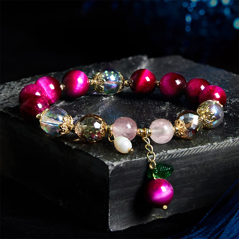 Buddha Stones Natürliches rotes Tigerauge, violette Tigerauge-Perlen, grünes Blatt, Schutzarmband