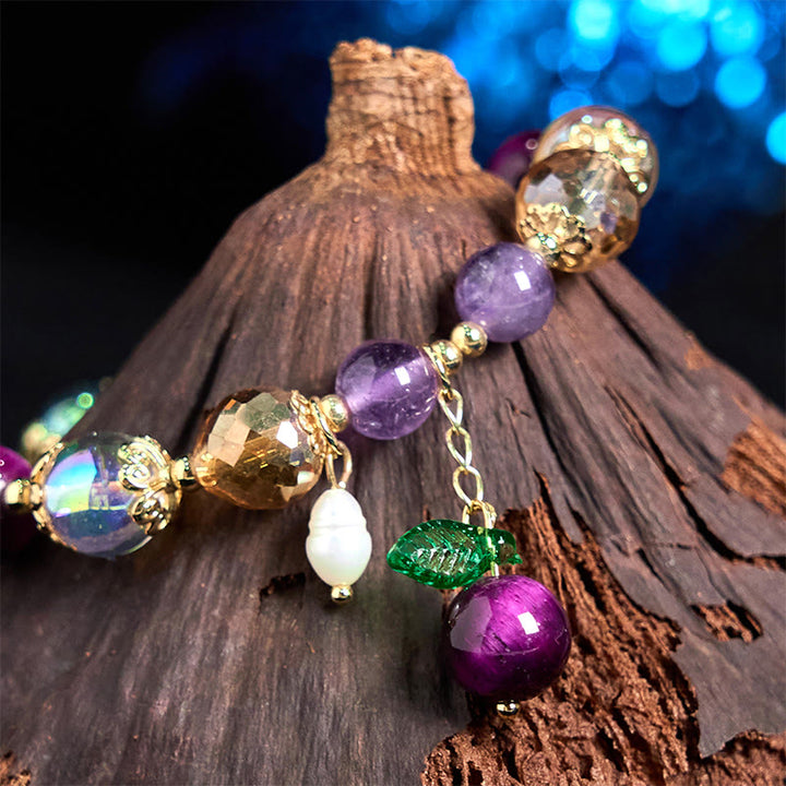 Buddha Stones Natürliches rotes Tigerauge, violette Tigerauge-Perlen, grünes Blatt, Schutzarmband