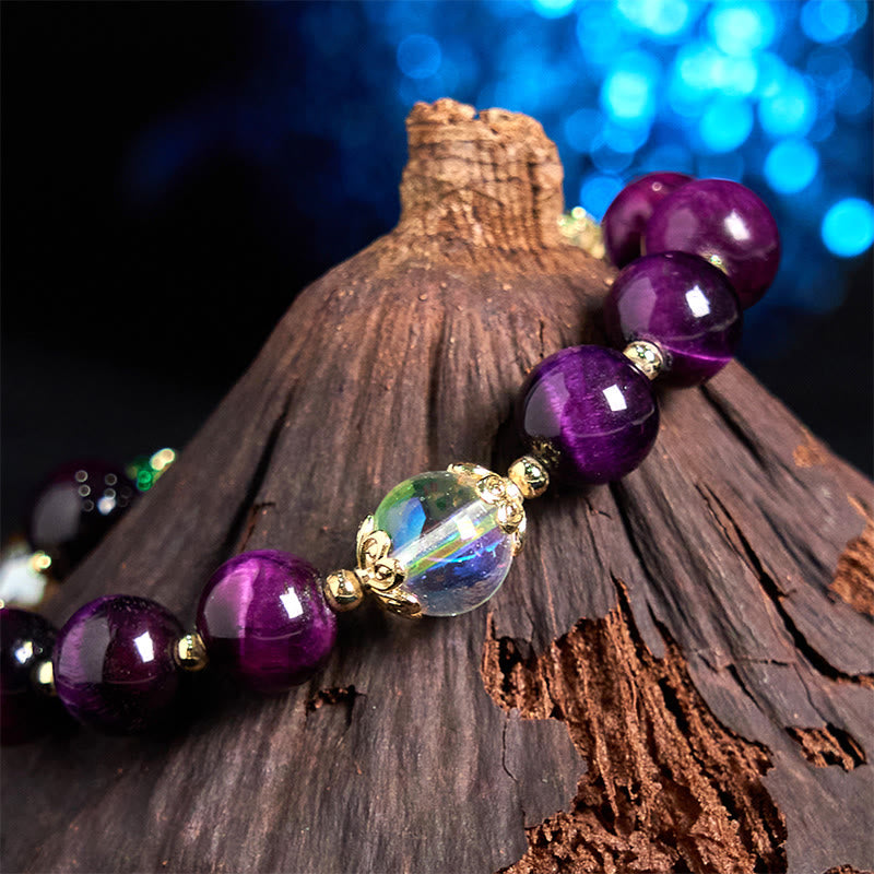 Buddha Stones Natürliches rotes Tigerauge, violette Tigerauge-Perlen, grünes Blatt, Schutzarmband