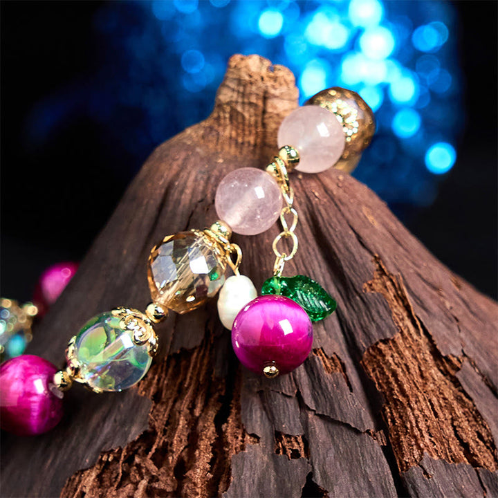 Buddha Stones Natürliches rotes Tigerauge, violette Tigerauge-Perlen, grünes Blatt, Schutzarmband