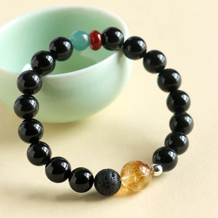 Buddha Stones Armband aus natürlichem schwarzem Obsidian mit Perlen für Kraft und Erfüllung