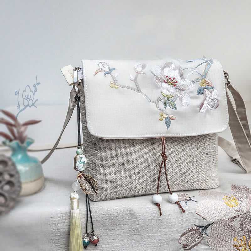 Buddha Stones Handgefertigter Rucksack aus Polyester-Canvas mit großer Kapazität und Magnolienstickerei