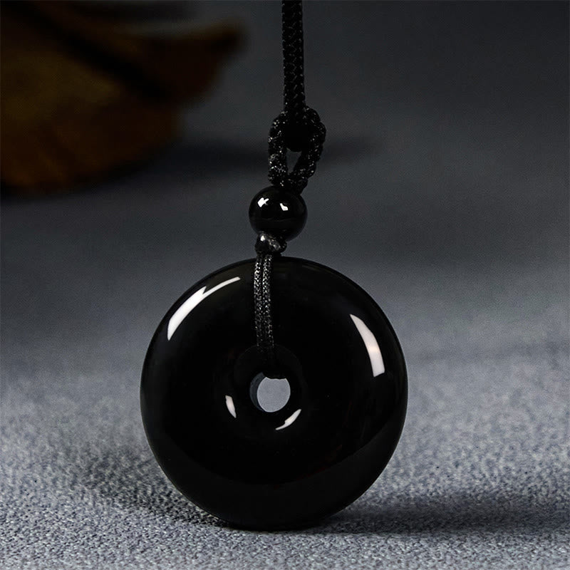 Buddha Stones Natürlicher schwarzer Obsidian Friedensschnalle Stärke Seil Halskette Anhänger