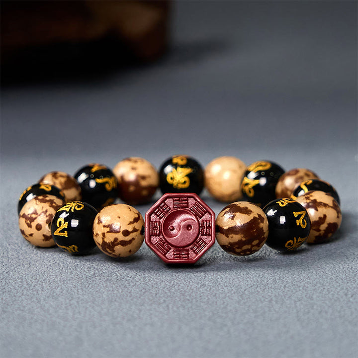 Buddha Stones Bodhi Seed Om Mani Padme Hum Bagua Yin Yang Zinnober geschnitztes ruhiges Armband