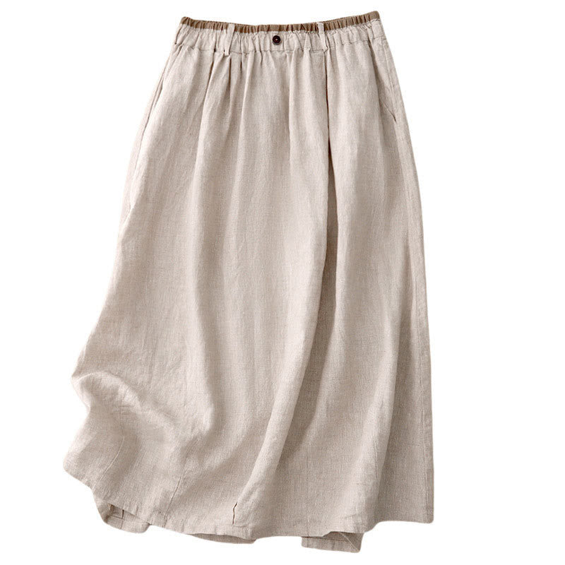 Buddha Stones Vintage Casual Plain Side Slit Elastic Waist Cotton Linen Damenrock mit Taschen - image 8