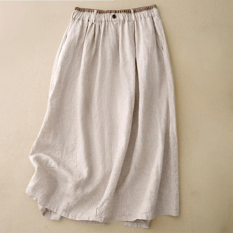 Buddha Stones Vintage Casual Plain Side Slit Elastic Waist Cotton Linen Damenrock mit Taschen - Beige - US8-10, UK/AU12-14,EU40-42 (2XL) - image 0