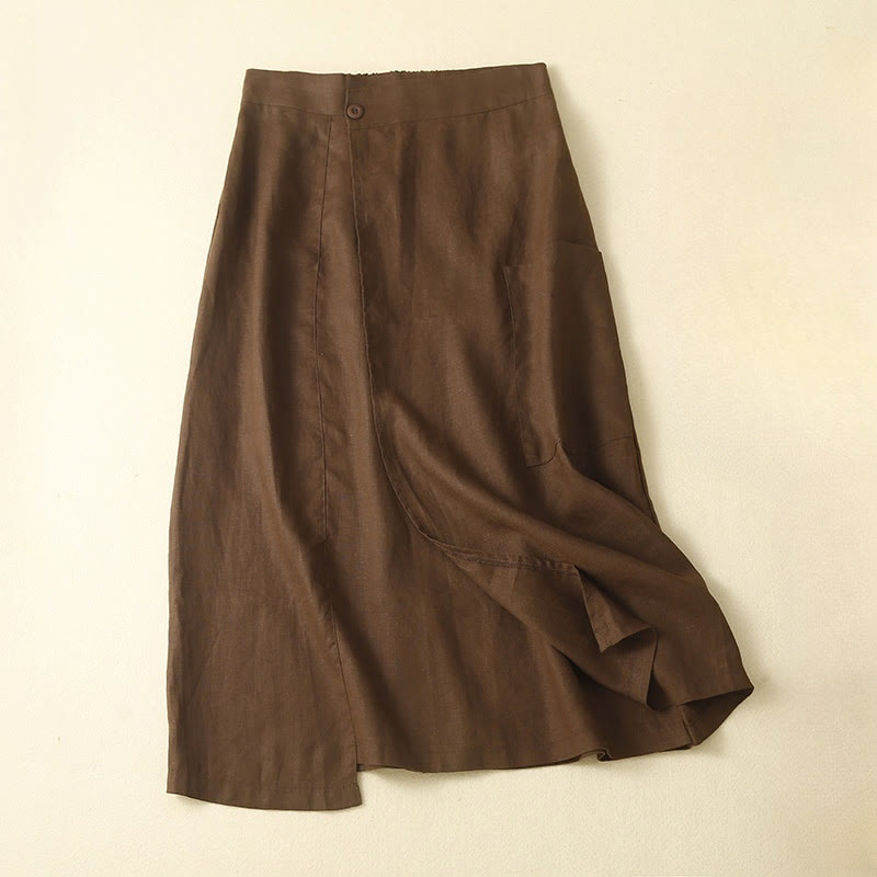 Buddha Stones Vintage Sommer Asymmetrischer Damenrock aus Baumwollleinen mit hoher Taille und Taschen - Sattelbraun - US8-10, UK/AU12-14,EU40-42 (2XL) - image 0