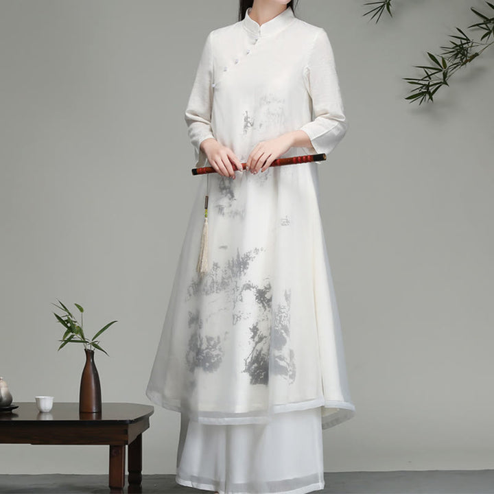 Buddha Stones Langärmliges Chiffon-Midikleid mit chinesischem Froschknopf-Design