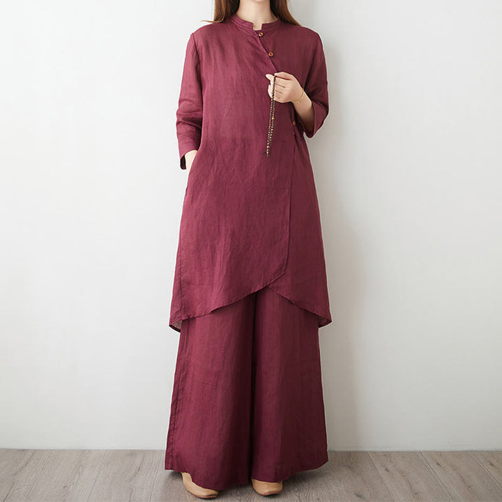 Buddha Stones 2-teiliges Set mit Dreiviertelärmeln, Hemd, Oberteil und Hose, Meditation, Zen, Tai Chi, Baumwolle und Leinen, Damen-Set - IndianRed - US8-10, UK/AU12-14,EU40-42 (2XL) - image 0