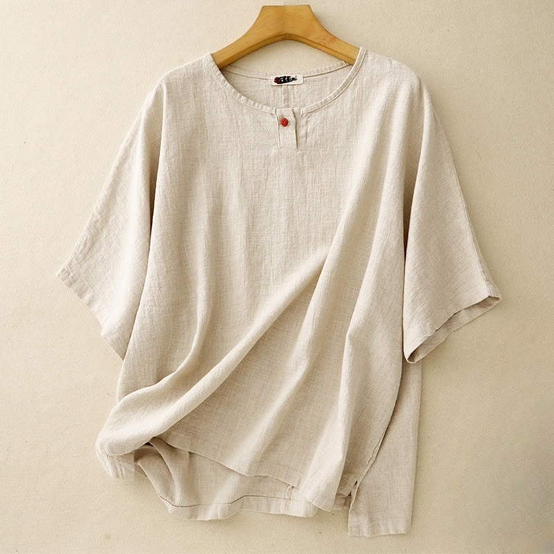 Buddha Stones Lässiges, schlichtes Damen-T-Shirt mit Rundhalsausschnitt, lockeres Halbarm-Baumwoll-Leinen