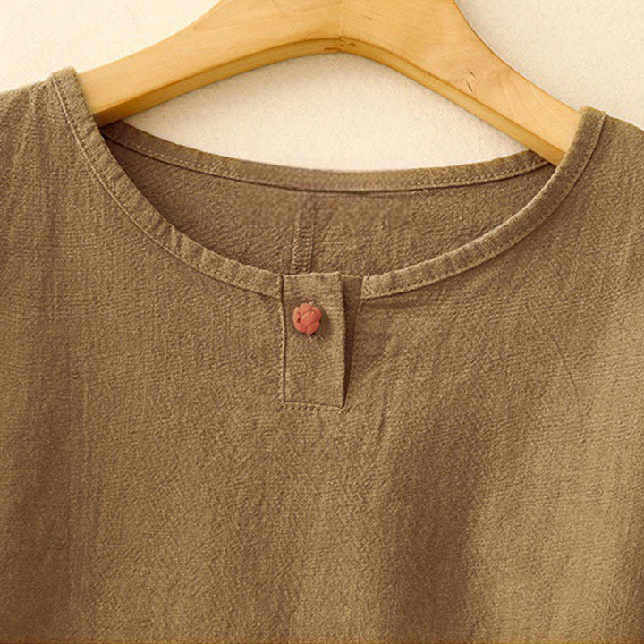 Buddha Stones Lässiges, schlichtes Damen-T-Shirt mit Rundhalsausschnitt, lockeres Halbarm-Baumwoll-Leinen