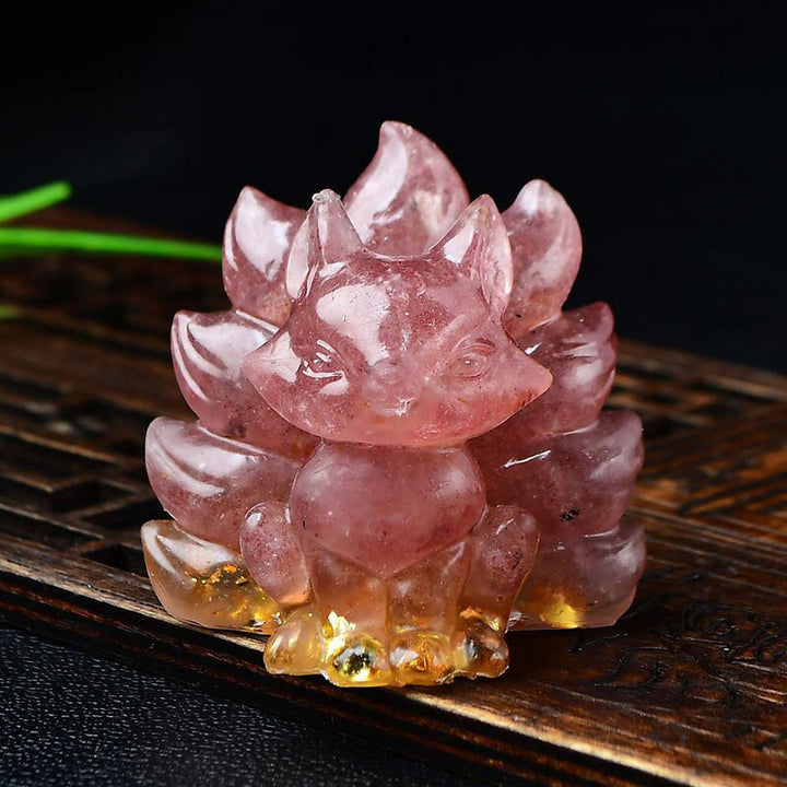 Buddha Stones, natürliche verschiedene Kristalle, Erdbeerquarz, Amethyst, neunschwänziger Fuchs, Schutz, Heimdekoration