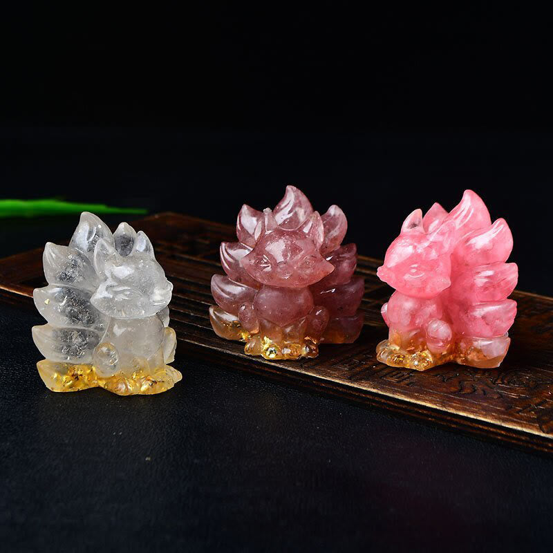Buddha Stones, natürliche verschiedene Kristalle, Erdbeerquarz, Amethyst, neunschwänziger Fuchs, Schutz, Heimdekoration