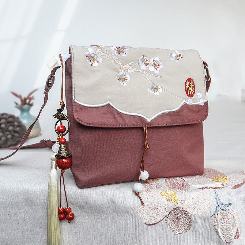 Buddha Stones Plain Braun Bestickt Plum Bossom Baumwolle Leinen Umhängetasche Schultertasche