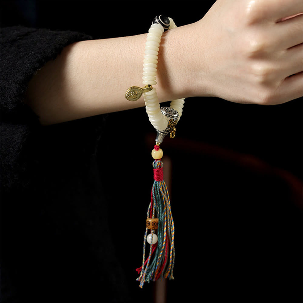 Buddha Stones, natürlicher weißer Bodhi-Samenstein, Weisheitsquaste, Mala-Armband