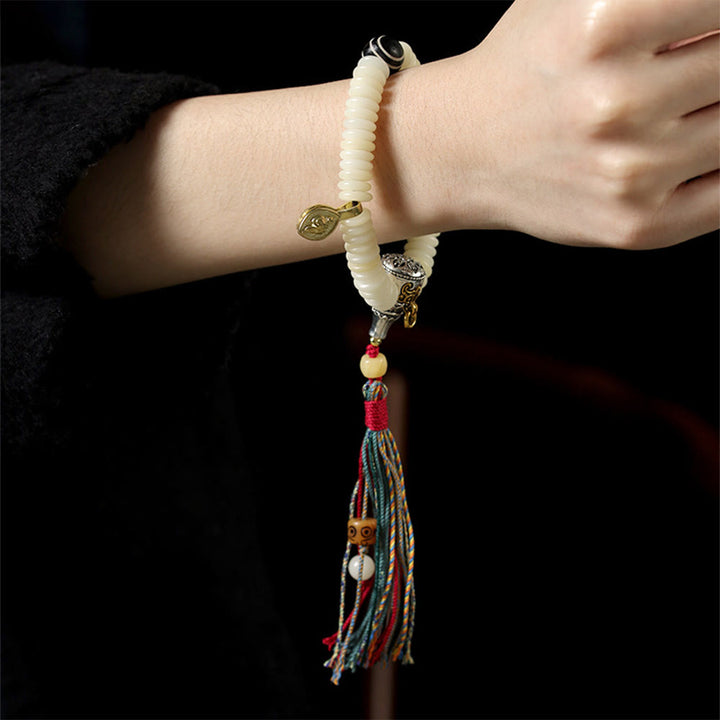 Buddha Stones, natürlicher weißer Bodhi-Samenstein, Weisheitsquaste, Mala-Armband