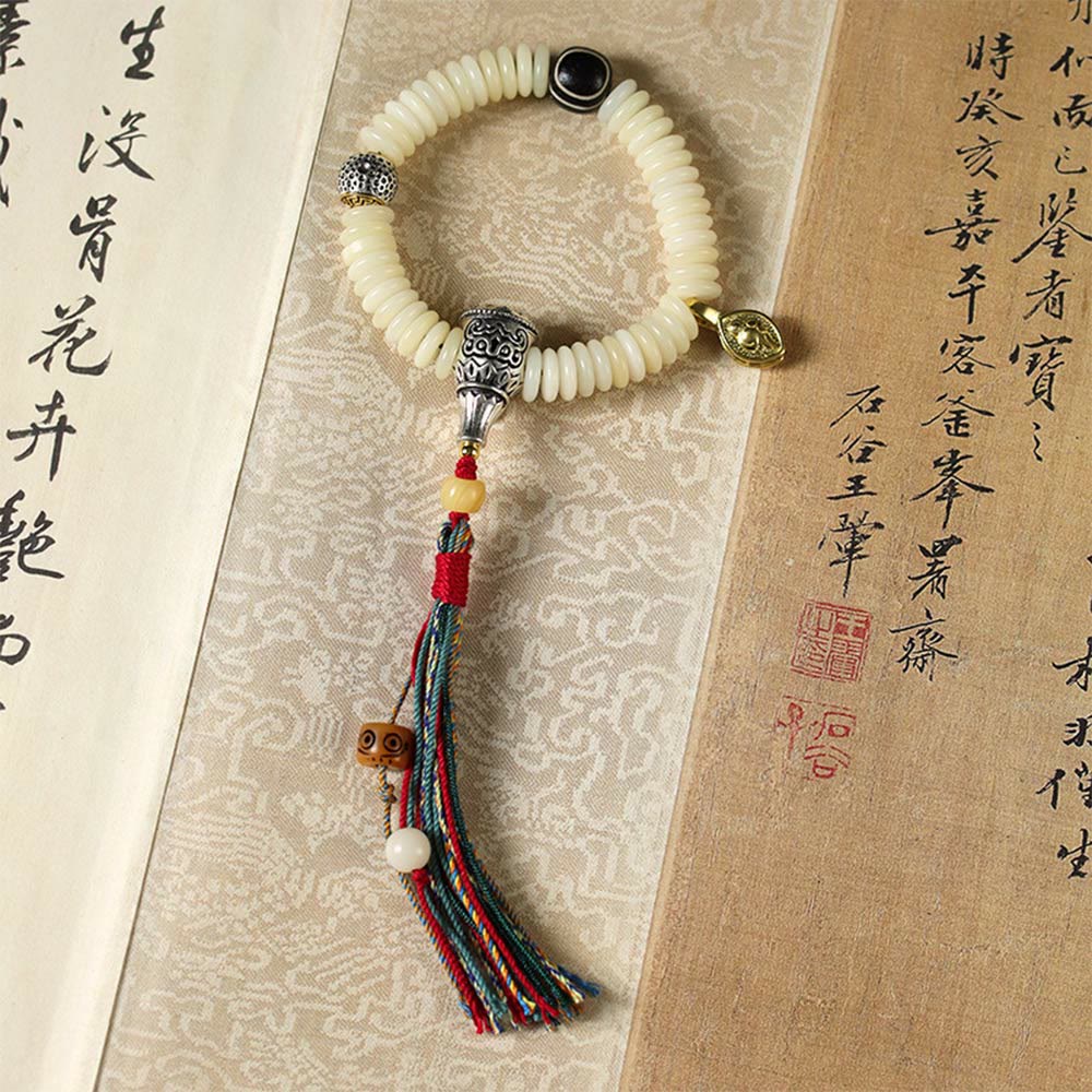 Buddha Stones, natürlicher weißer Bodhi-Samenstein, Weisheitsquaste, Mala-Armband