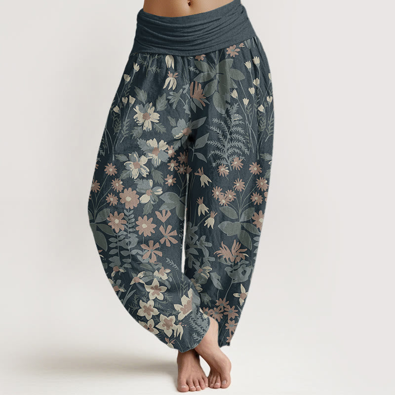 Buddha Stones Damen-Haremshose aus reiner Baumwolle mit Gänseblümchen-Blumen-Blätter-Design und elastischer Taille